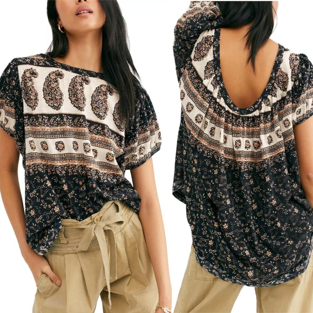 Free People Puff Sleeve Oversized Open Back Black TShirt Top XS Flowy Boho